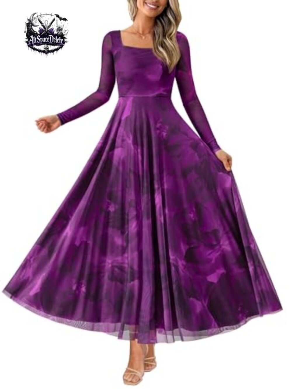 Boho Floral Maxi Dress Square Neck Long Sleeve A-Line Formal